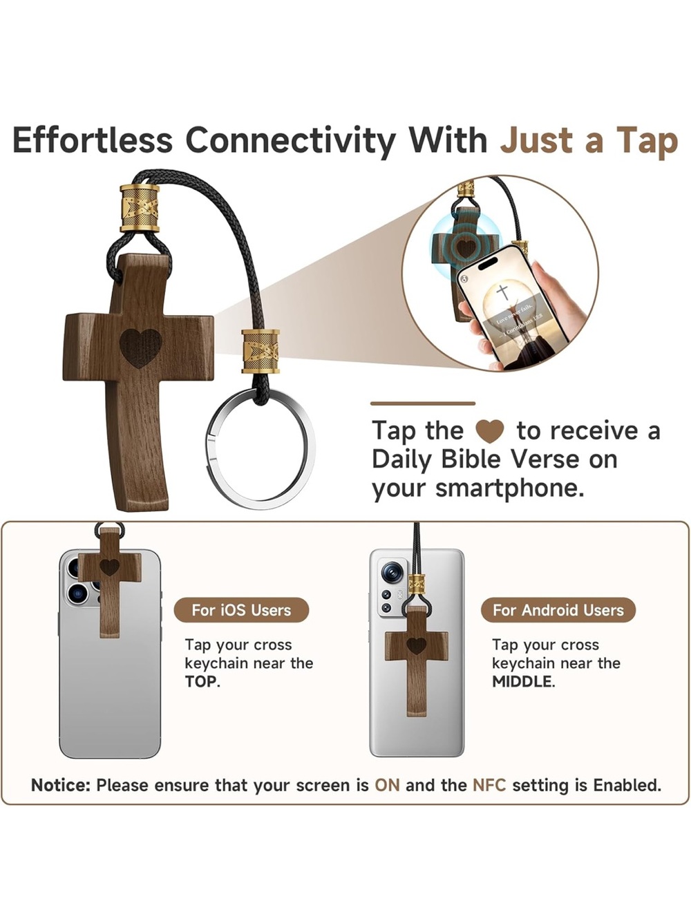 Wooden cross keychain use with smartphone to receive a new Bible verse each day - Picture 7 of 9